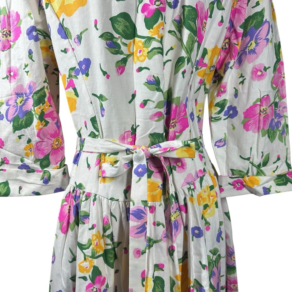 Vtg 80s Cottagecore White Pink Floral Midi Dress Drop Waist Shoulder Pads Sz 12 - Picture 8 of 11
